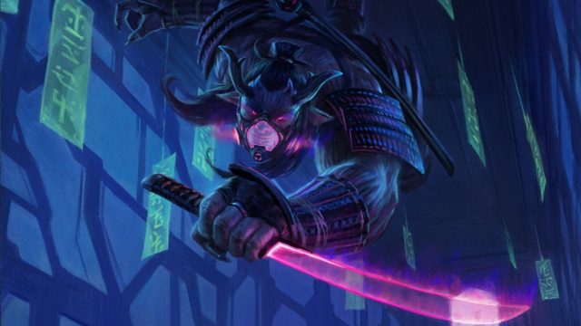 A large man clings to a wall, covered in technological gear and wielding a light sword, as he descends towards the viewer in MtG.