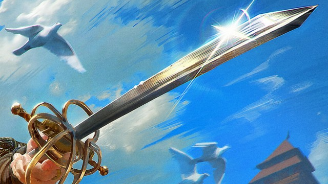 A long blade with an extravagant hilt thrusts outwards against a blue sky, two birds flying in the background of MtG.