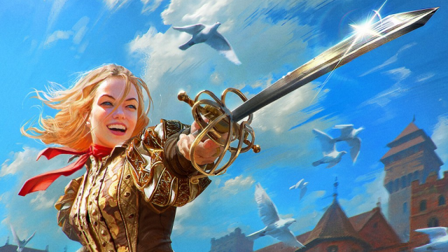 A long-haired blond woman with leather armor holds a stylish sword during a sunny day of MtG.