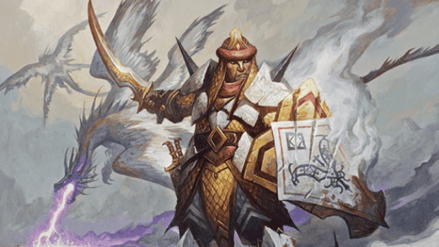 A dark-skinned man in white and yellow armor stands in front of a dragon, large shield in one hand and golden sword in the other in MtG.