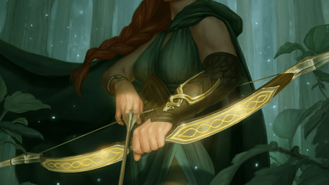 A woman holds a yellow longbow, looking towards the camera in a forested environment in MtG.