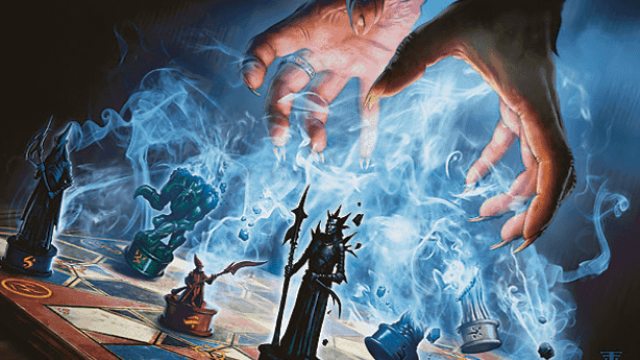 A pair of pale human hands reaches towards a chess board, using blue magic to lift them up in MtG.