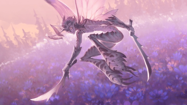 A strange humanoid creature with wings and two swords flies above a field of purple plants in MtG.