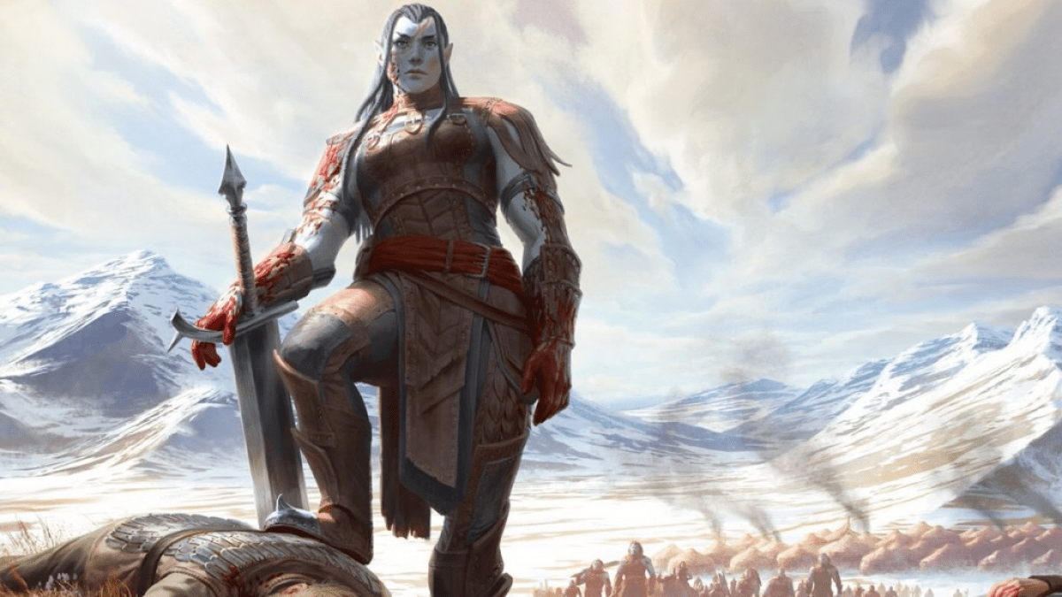 A blue-skinned elf woman in heavy armor and a greatsword stands in front of a field during a cloudy day in MtG.