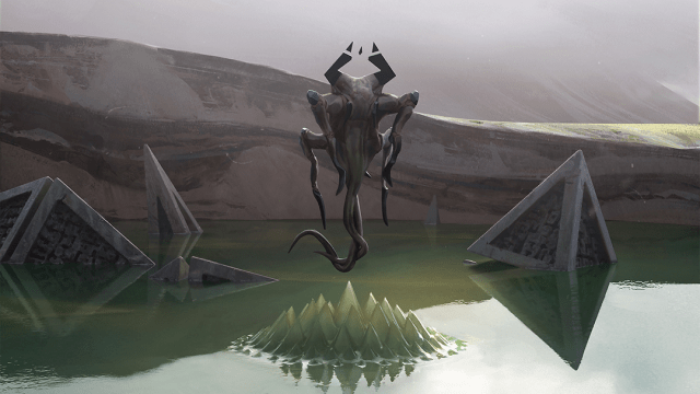 A strange creature in the center of a lake causes several triangles to float above the water in MtG.