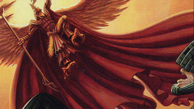 A humanoid with large wings and a gigantic red cape flies down from a golden sky towards an open-mouthed soldier in MtG.