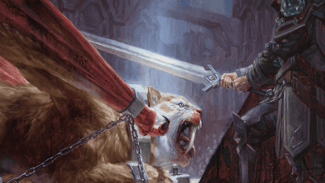 A darkly armored person holds a large sword over the head of a chained-down lion with sinewy, red wings in MtG.
