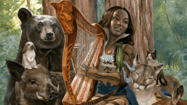 A dark-skinned woman holds a harp as she is surrounded by various forest animals in MtG, including a bear, warthog, and lynx.