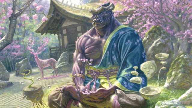 A purple-skinned man with tusks and a blue robe sits in a cherry blossom garden, green nature spirits surrounding him as he meditates in MtG.