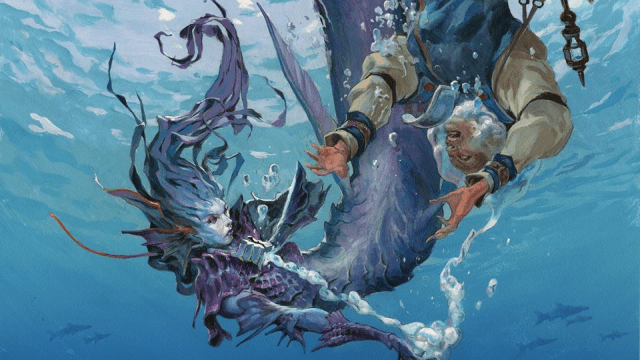 A mermaid drags a sword-wielding adventurer deep into the water in MtG.