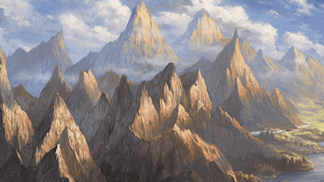 A series of brown mountains that extend into the distance, some covered in clouds, with bases covered in grassy fields in MtG.
