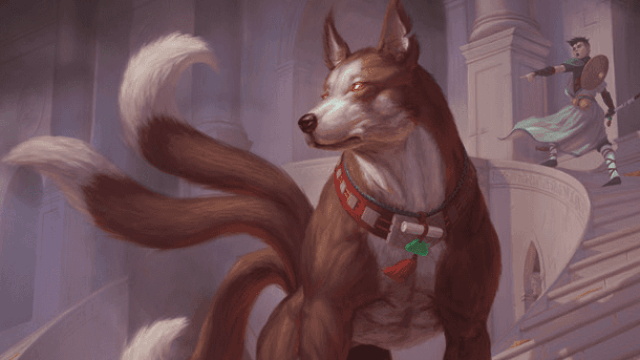 A very large dog with three tails stands in front of a staircase, a man in a robe at the top of it, staring to the left in MtG.