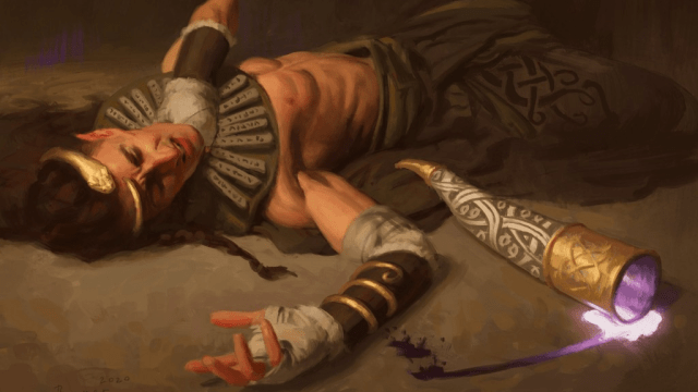 An egyptian-style man is collapsed on the floor, a flask leaking a purple liquid lying next to him in MtG.