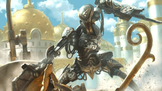 A clunky robot with two blades for arms climbs atop an insect in a golden city in MtG.