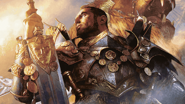 A man with short hair and scale armor holds a large sword in one hand as a beast walks behind him in MtG.
