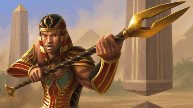 An Egyptian-style man holds a long spear in front of several obelisks in MtG.