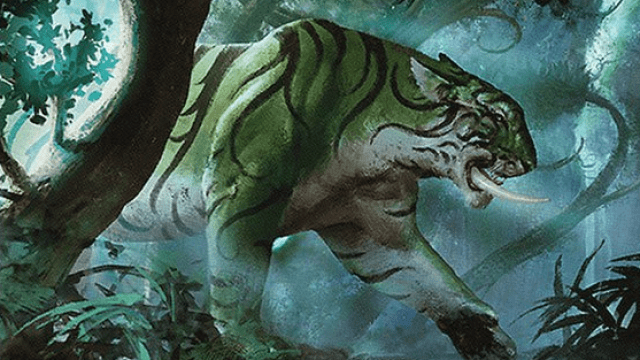 A green and black tiger stalks to the right in a deep jungle area in MtG.