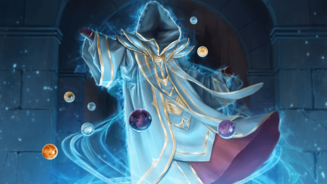 A white robe with orbs rotating around it floats in the air, blue magical energy surrounding it in MtG.