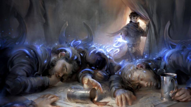 A wizard causes two leather-wearing guards to fall unconscious on their table in MtG.