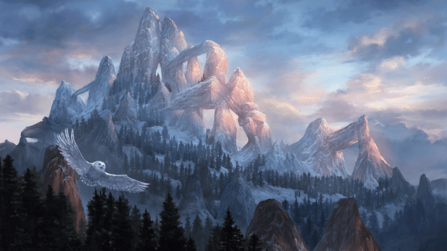 A large, snowy mountain with many peaks sits above a forest with a cloudy sky in MtG.