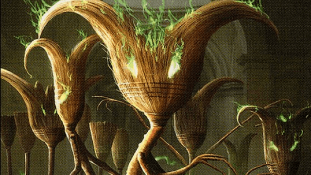 A pile of brooms approach the viewer with glowing green eyes and a miasma of green energy in MtG.