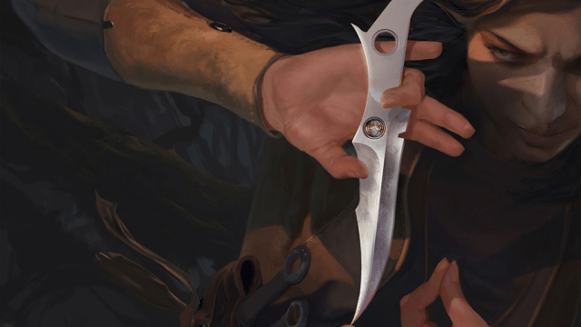 A man holds a dagger in a reverse grip in a dark alley of MtG.