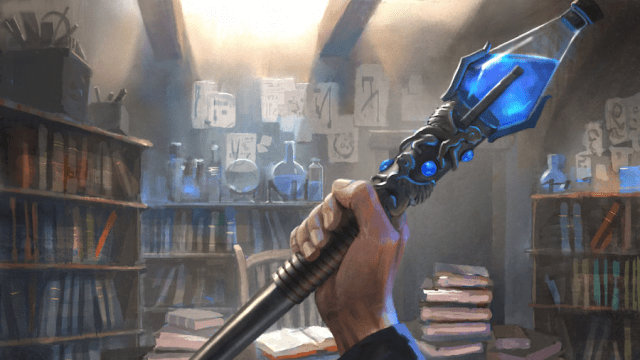 A hand in a library of MtG holds up a wooden staff with a blue potion affixed to the end.