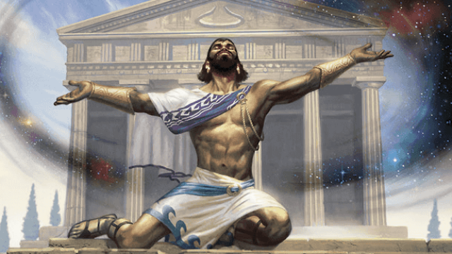 A man wearing a skirt and shoulder adornment has his eyes closed as he channels the stars around him in front of a Greek-style temple in MtG.