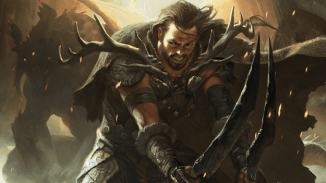 A man with Van Dyke-style facial hair with a cape, hunting trophies such as antlers, and leather armor holds two black daggers as he looks to his right in MtG.