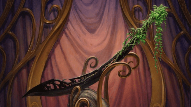 A sword with a grassy, overgrown hilt and a purple, poisonous end sits on an altar with curved ends in MtG.