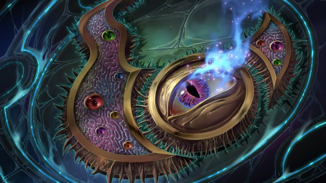 A talisman with a purple eyeball in the middle glows blue. The eye is surrounded by metal plates in MtG.