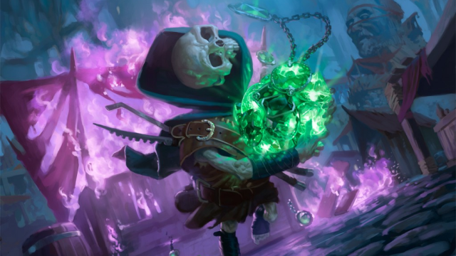 A small skeleton, whose skull has hopped into the air, runs from a group of purple magical spores with arms full of green jewels in MtG.