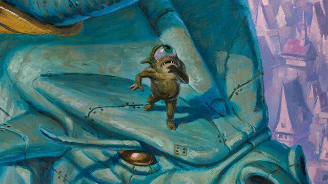 A small, green creature with a single eye ponders their options on top of a large, mechanical dragon head in MtG.