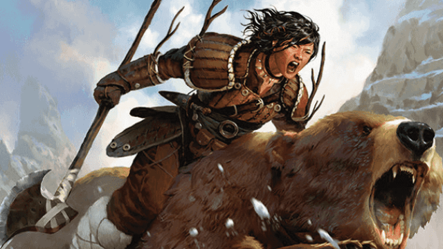 A woman with short, black hair and wooden armor rides on the back of a bear, both human and bear roaring as she holds an axe in hand in DnD 5E.
