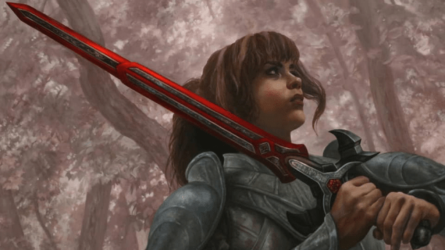 A woman in metal armor within a cherry blossom grove hoists a red longsword over her shoulder in MtG.