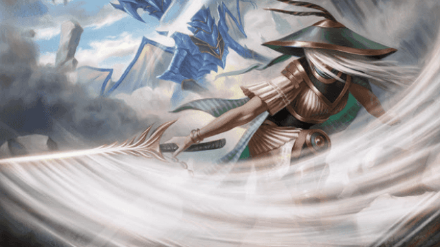 A woman in a conical hat with robes swings a windy blade through the air, cutting at an unseen opponent in a mountainous region of MtG.