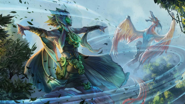 A lizard-like humanoid on a flying island directs winds to batter a flying creature in MtG.