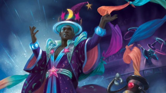 A comically dressed Wizard with a crescent moon on his cap holds up a hand to multiple, colorful ribbons that dance through the air in MtG.