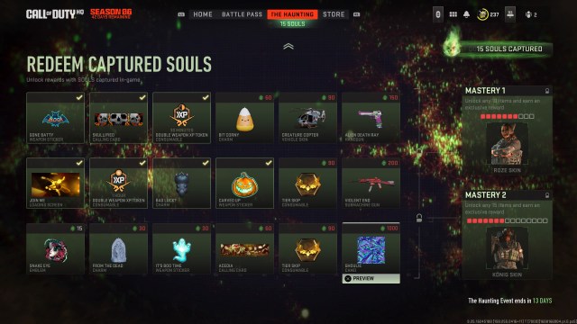 A screenshot of all rewards in The Haunting's Soul Capture event in MW2.