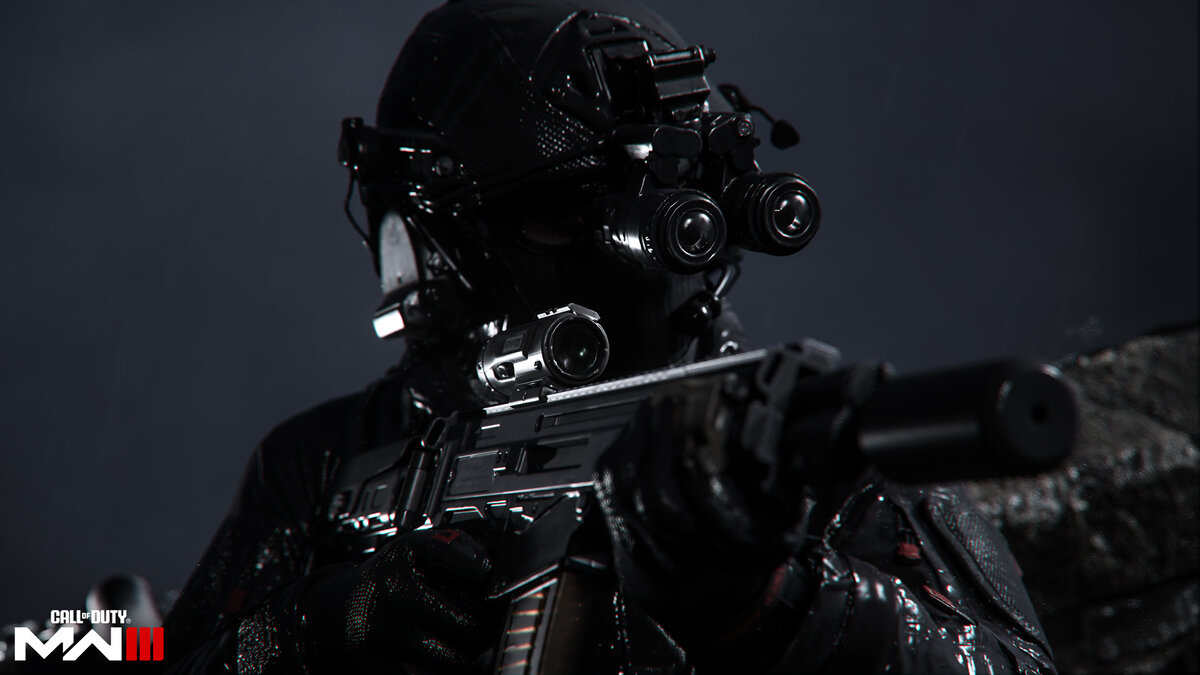 Tac Stance in Modern Warfare 3. A soldier in a dark helmet holds his rifle to his shoulder