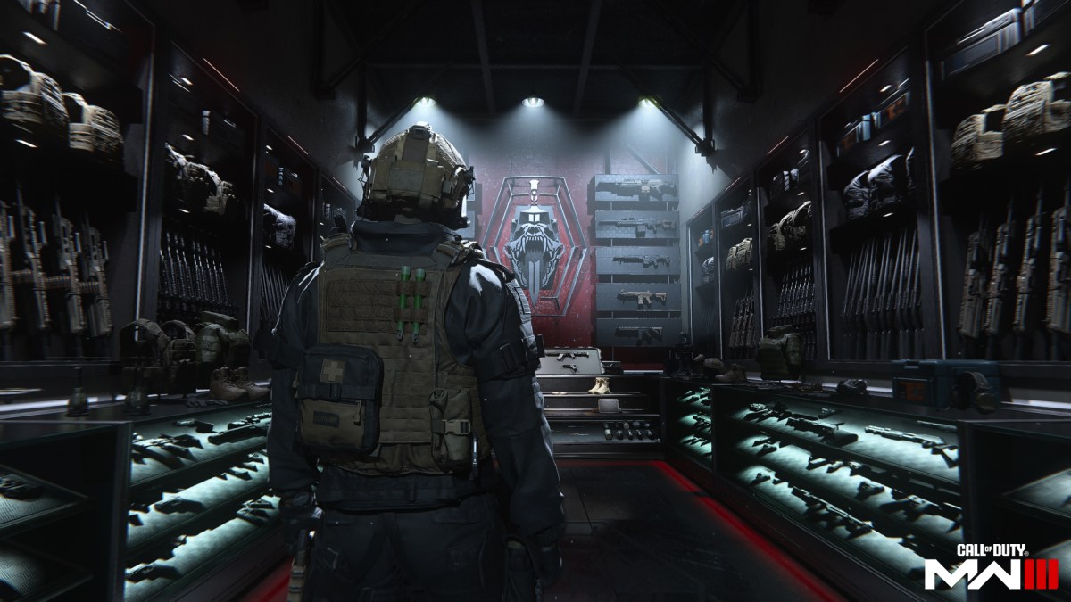 A CoD operator looks at a vault full of weapons and loot.
