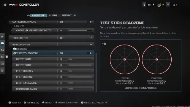 A screenshot of the Test Stick Deadzone screen in MW3's settings.