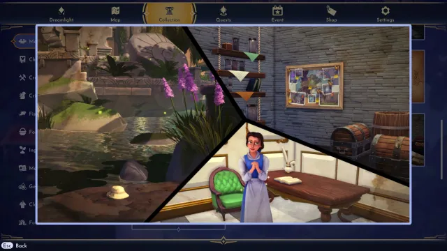 A memory showing the lake in the Glade of Trust, Belle standing near a desk with a book, and a mystery board. 
