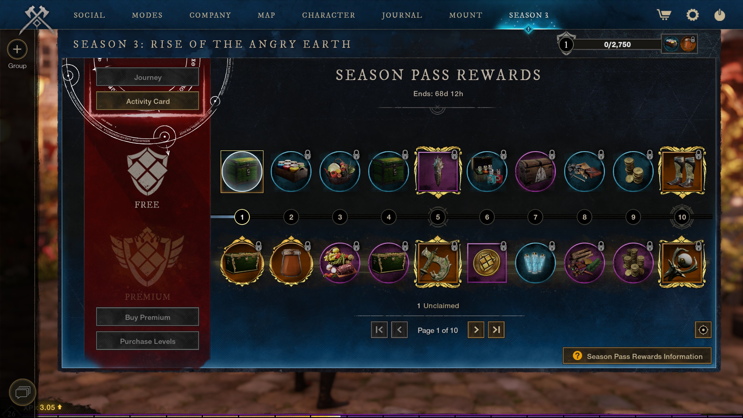 Two rows of in-game cosmetic rewards earned through a season pass in New World.