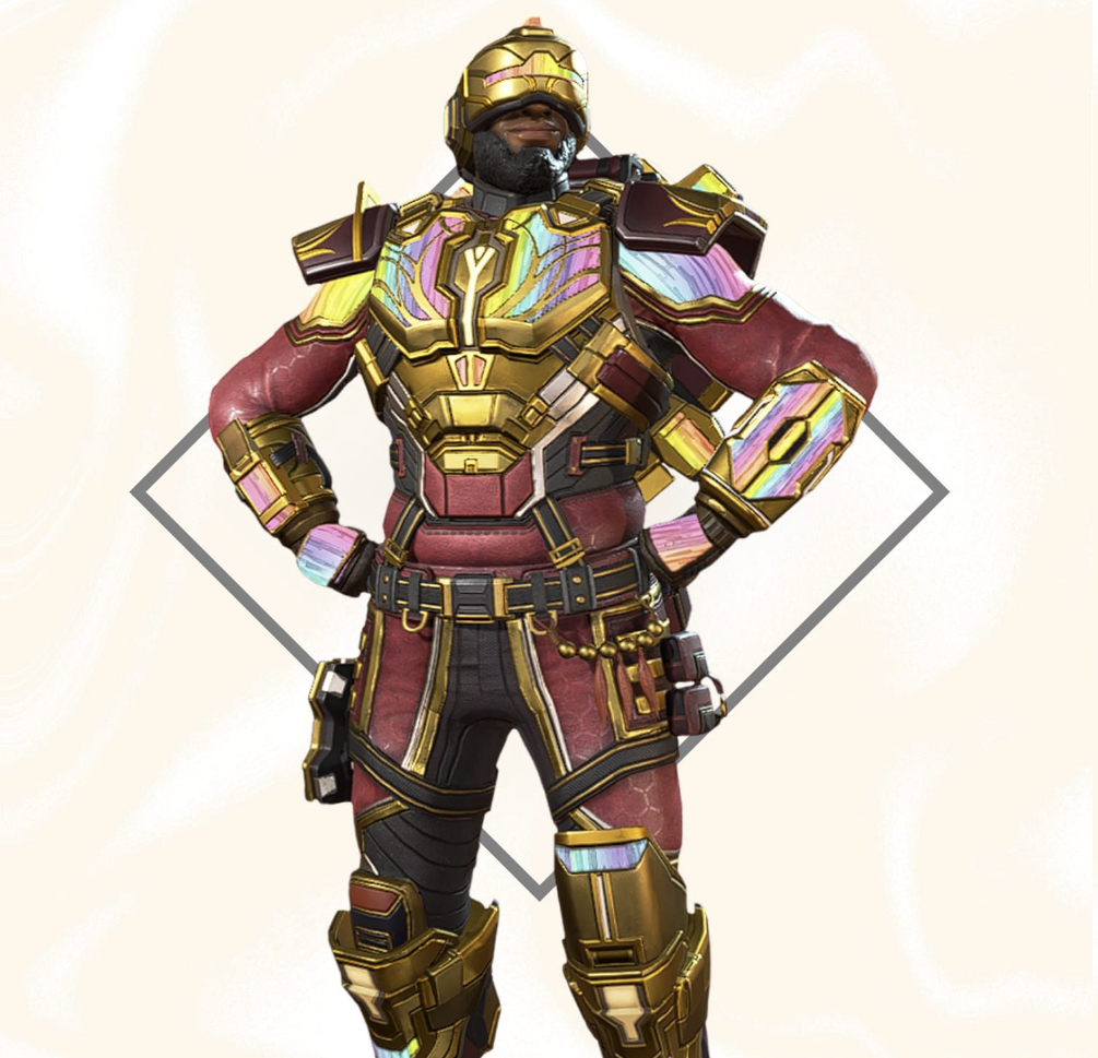 Newcastle from Apex Legends stands in his normal outfit that has been recolored with reds, golds, and rainbow accents.