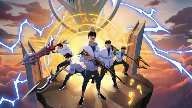 Several pro League players including Deft appear in a stylized image holding weapons for the new GODS Worlds 2023 song
