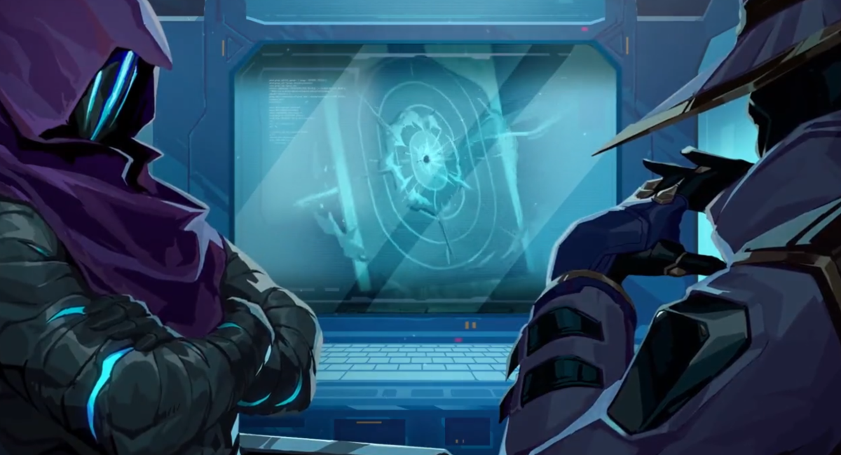VALORANT agents Omen and Cypher discussing a video of new agent Iso shooting a practice target.