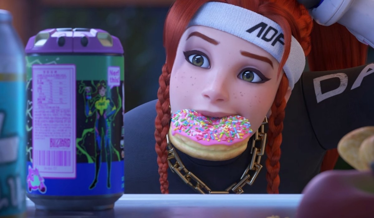 A screenshot of Brigitte, donut in mouth, opening a refrigerator while she wears a special Le Sserafim skin.