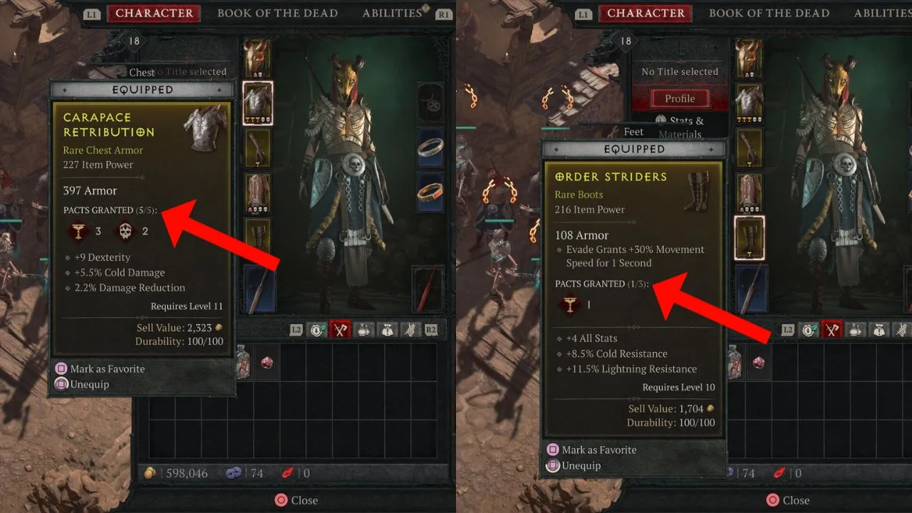 Red arrows pointing to the different max pacts on equipment in season 2 of diablo 4