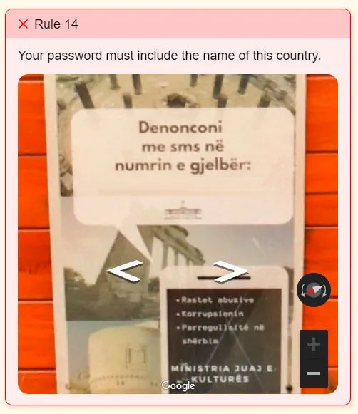 A screenshot from The Password Game showing Rule 14, with a sign in another language.
